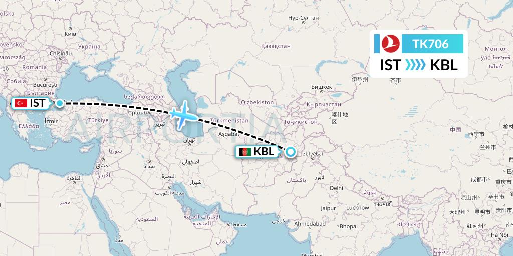 TK706 Turkish Airlines Flight Map: Istanbul to Kabul