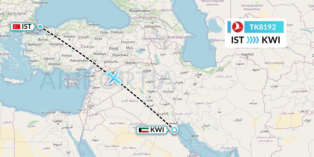 TK8192 Turkish Airlines Flight Map: Istanbul to Kuwait City