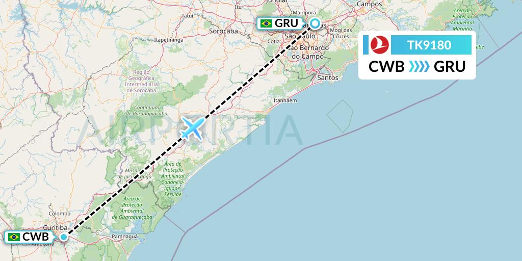 TK9180 Turkish Airlines Flight Map: Curitiba to Sao Paulo