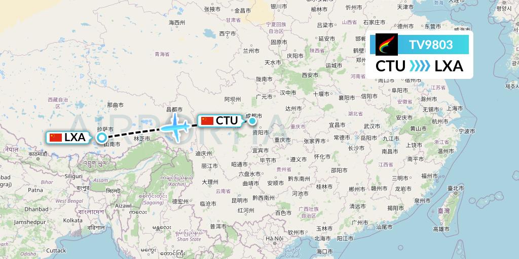 TV9803 Tibet Airlines Flight Map: Chengdu to Lhasa