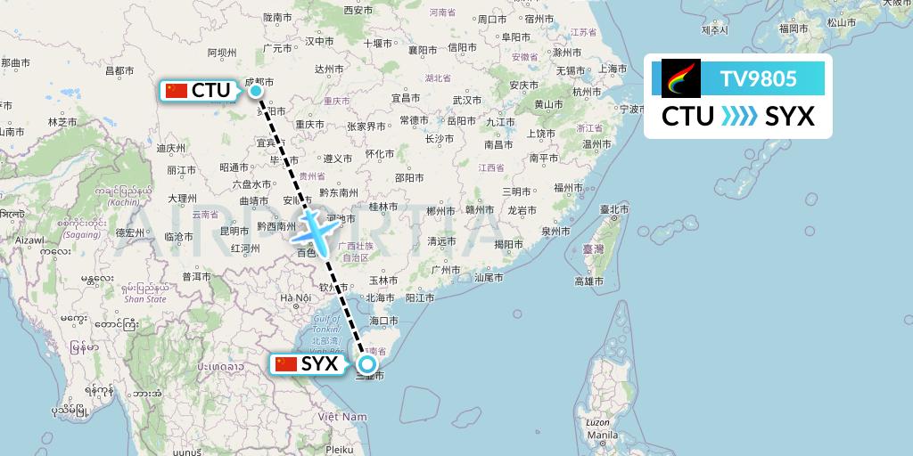 TV9805 Tibet Airlines Flight Map: Chengdu to Sanya