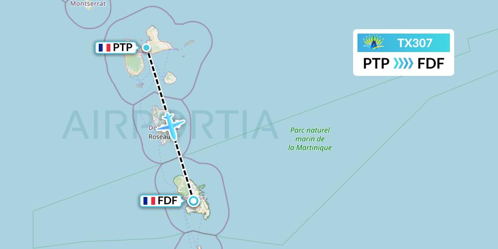 TX307 Air Caraibes Flight Map: Pointe-a-Pitre to Fort-de-France