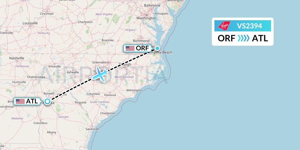 VS2394 Virgin Atlantic Airways Flight Map: Norfolk to Atlanta
