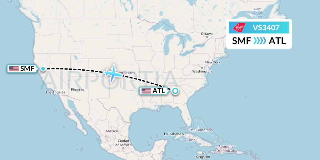 VS3407 Virgin Atlantic Airways Flight Map: Sacramento to Atlanta