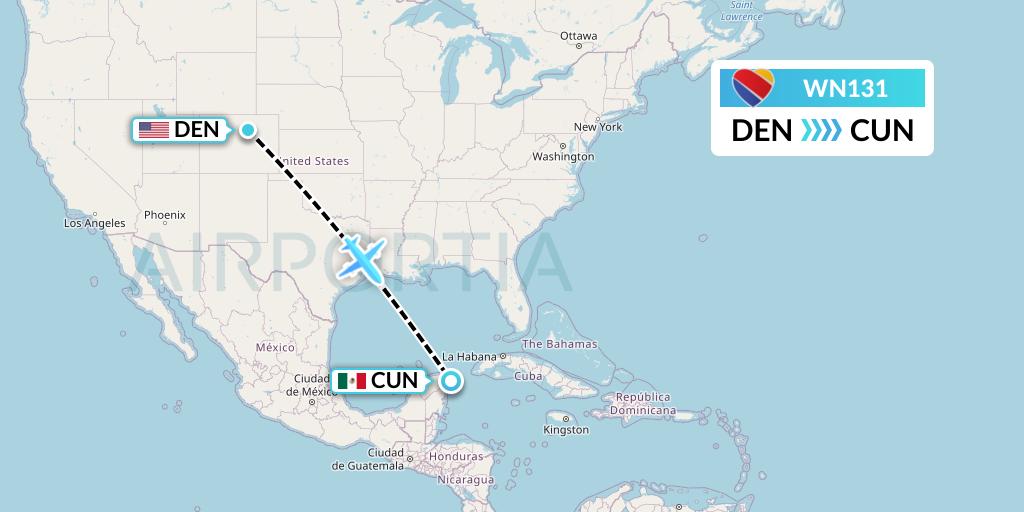 WN131 Southwest Airlines Flight Map: Denver to Cancun