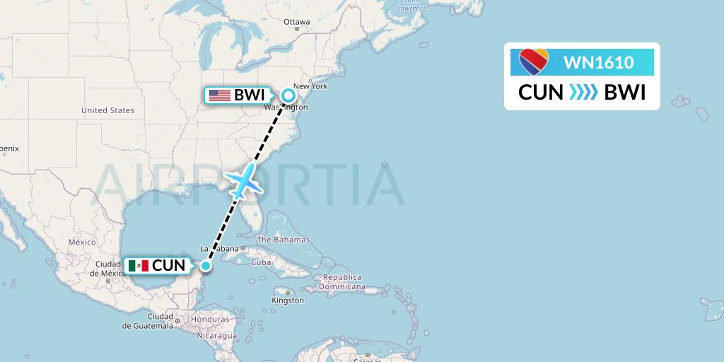 WN1610 Southwest Airlines Flight Map: Cancun to Baltimore