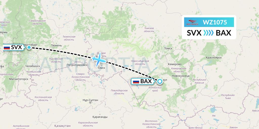 WZ1075 Red Wings Flight Map: Yekaterinburg to Barnaul