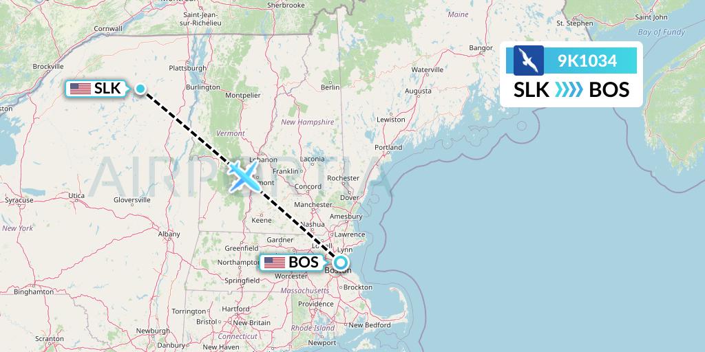 9K1034 Cape Air Flight Map: Saranac Lake to Boston
