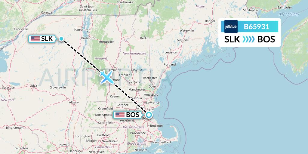 B65931 JetBlue Airways Flight Map: Saranac Lake to Boston