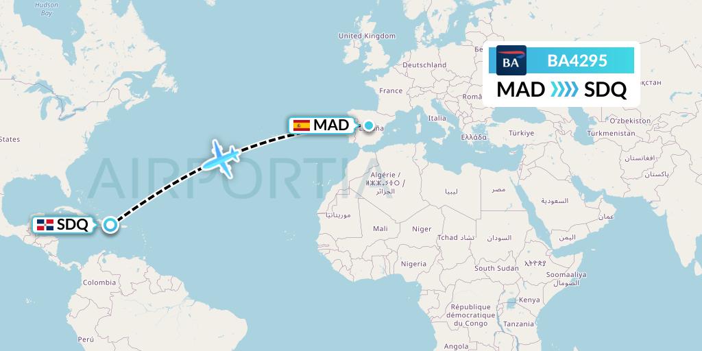 BA4295 British Airways Flight Map: Madrid to Santo Domingo