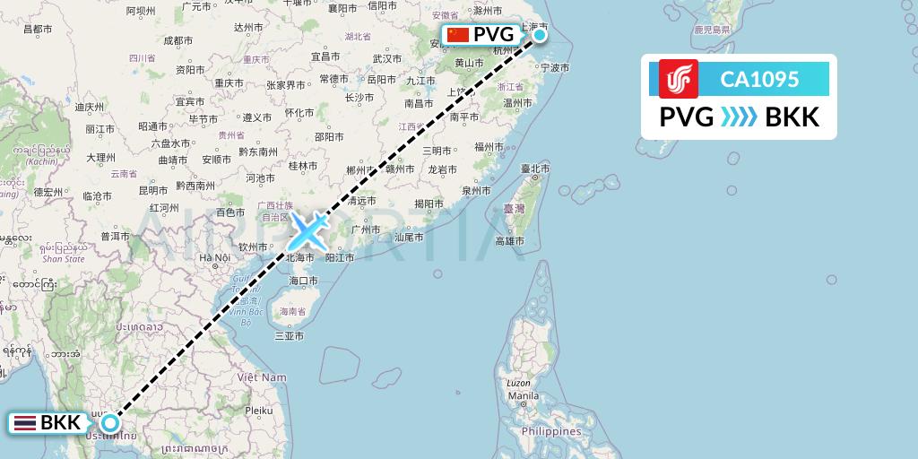 CA1095 Air China Flight Map: Shanghai to Bangkok