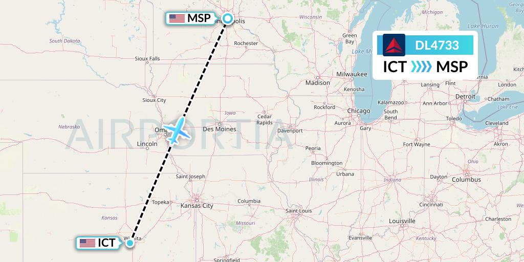 DL4733 Delta Air Lines Flight Map: Wichita to Minneapolis
