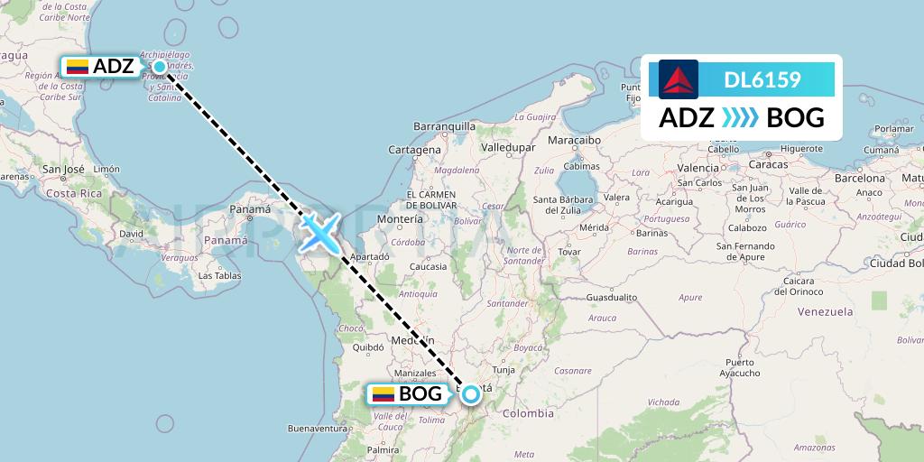 DL6159 Delta Air Lines Flight Map: San Andres Island to Bogota