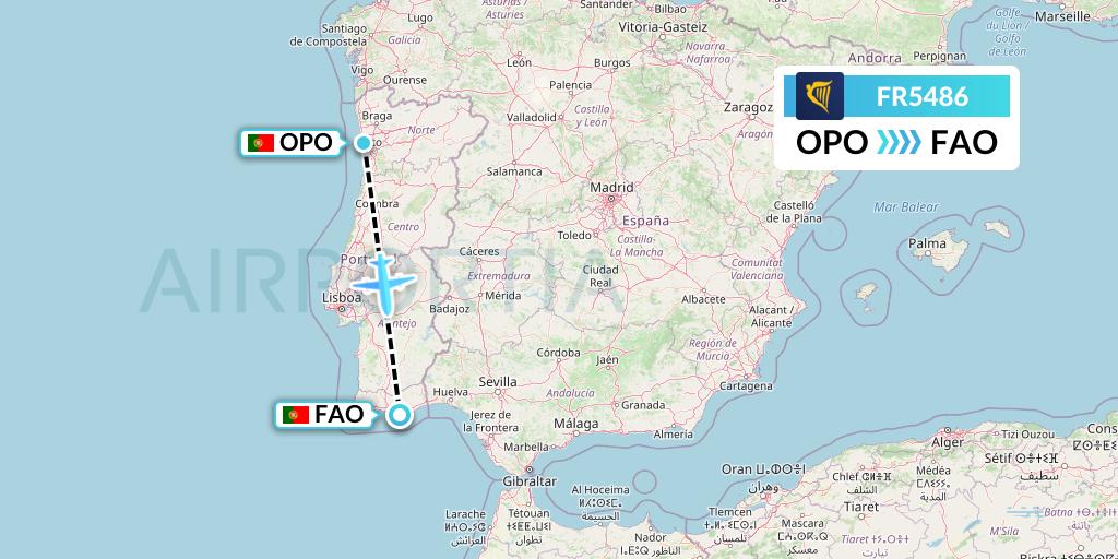 FR5486 Ryanair Flight Map: Porto to Faro
