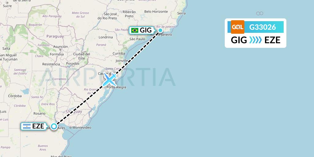 G33026 GOL Transportes Aeros Flight Map: Rio de Janeiro to Buenos Aires