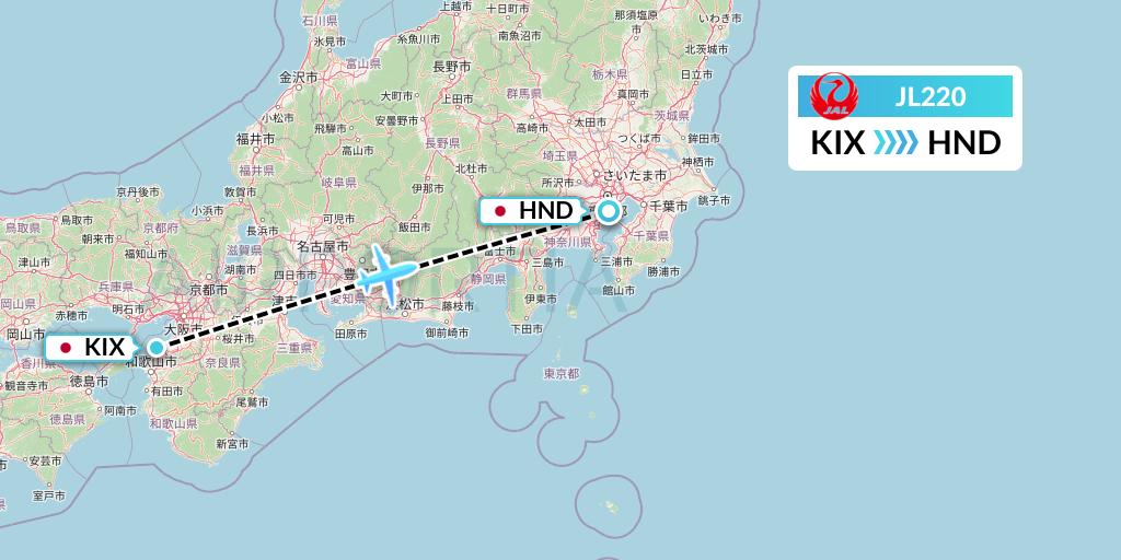 JL220 Japan Airlines Flight Map: Osaka to Tokyo