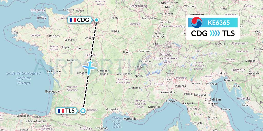 KE6365 Korean Air Flight Map: Paris to Toulouse