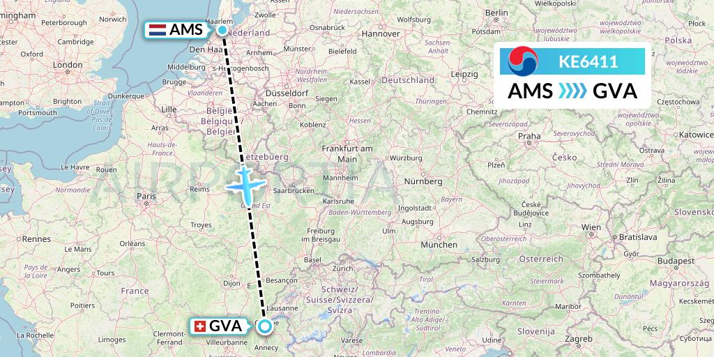 KE6411 Korean Air Flight Map: Amsterdam to Geneva