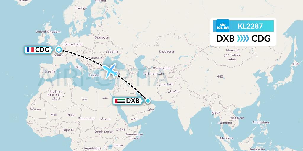 KL2287 KLM Flight Map: Dubai to Paris