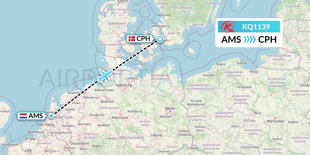 KQ1139 Kenya Airways Flight Map: Amsterdam to Copenhagen