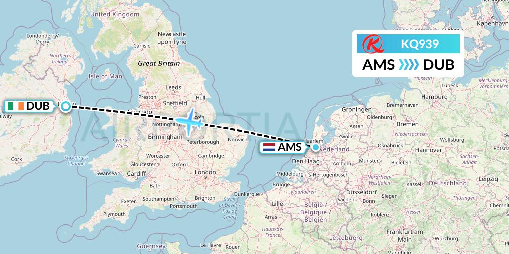 KQ939 Kenya Airways Flight Map: Amsterdam to Dublin