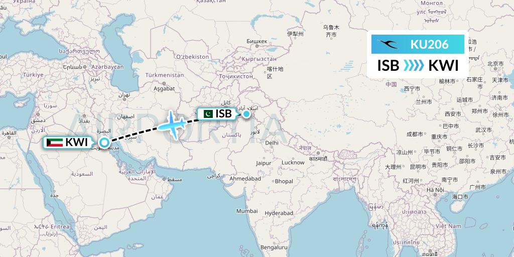 KU206 Kuwait Airways Flight Map: Islamabad to Kuwait City