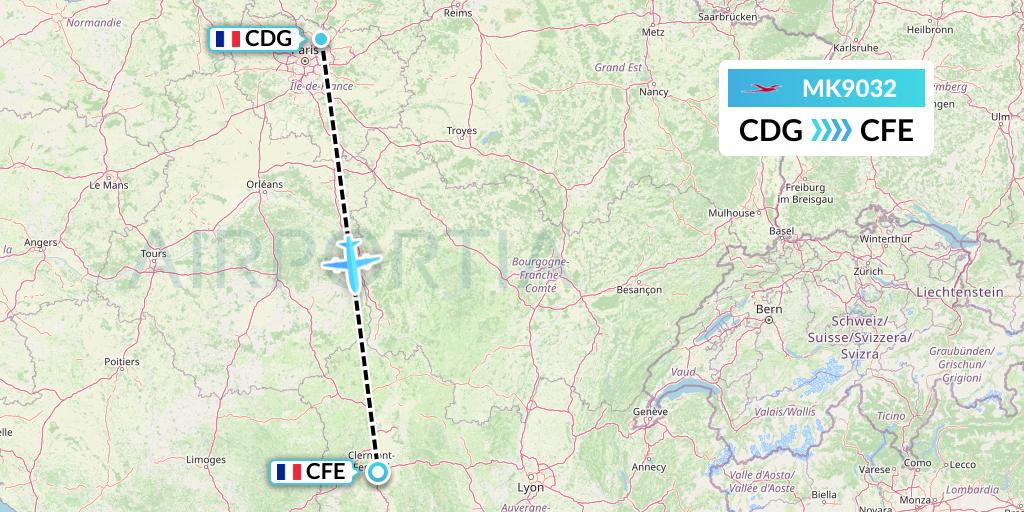 MK9032 Air Mauritius Flight Map: Paris to Clermont-Ferrand
