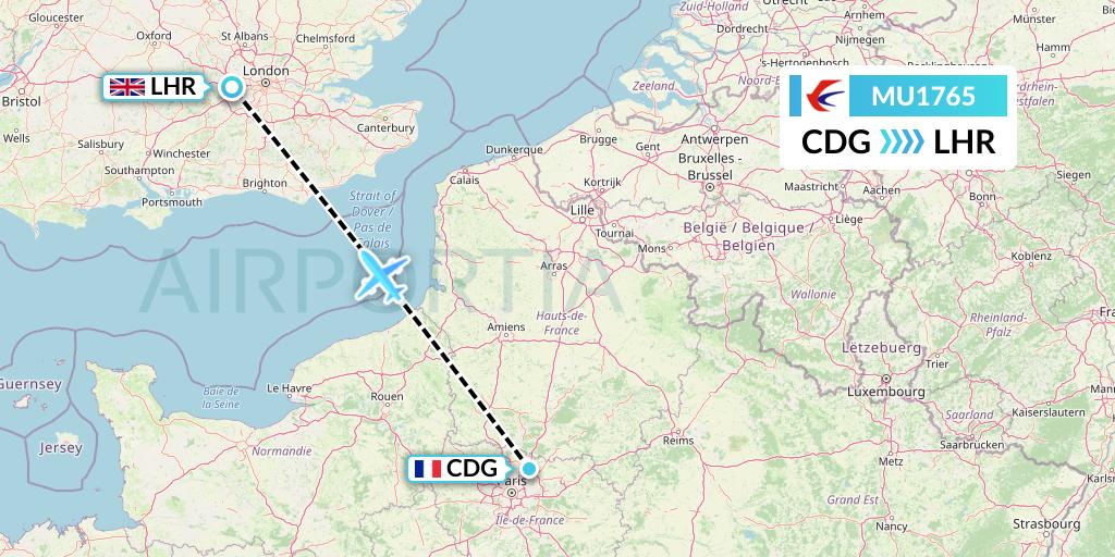 MU1765 China Eastern Airlines Flight Map: Paris to London