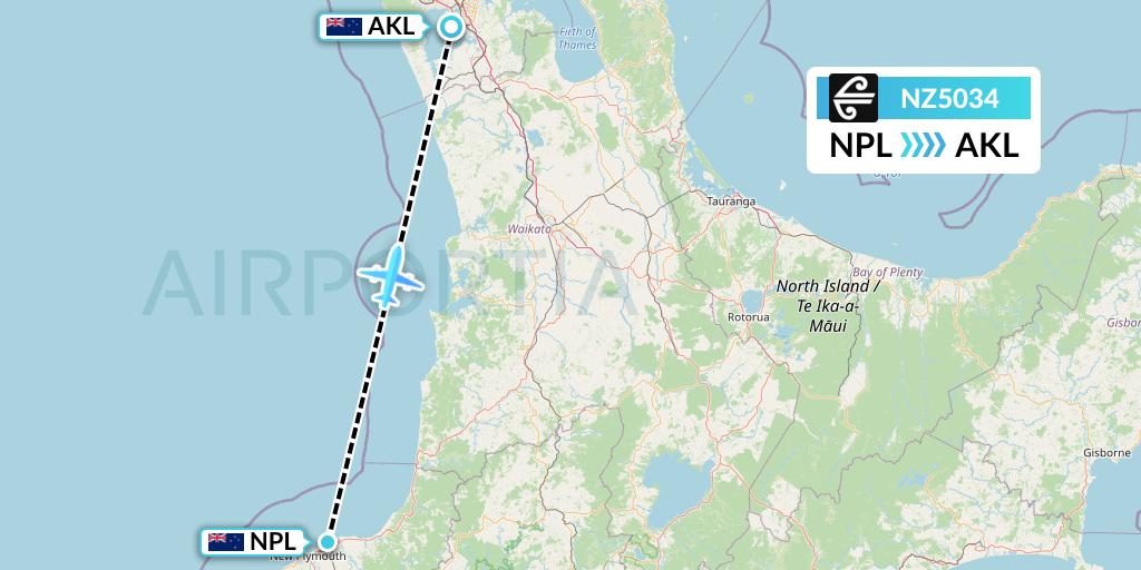 NZ5034 Air New Zealand Flight Map: New Plymouth to Auckland