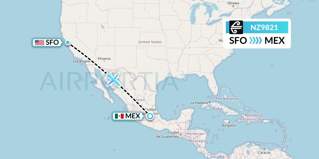 NZ9821 Air New Zealand Flight Map: San Francisco to Mexico City
