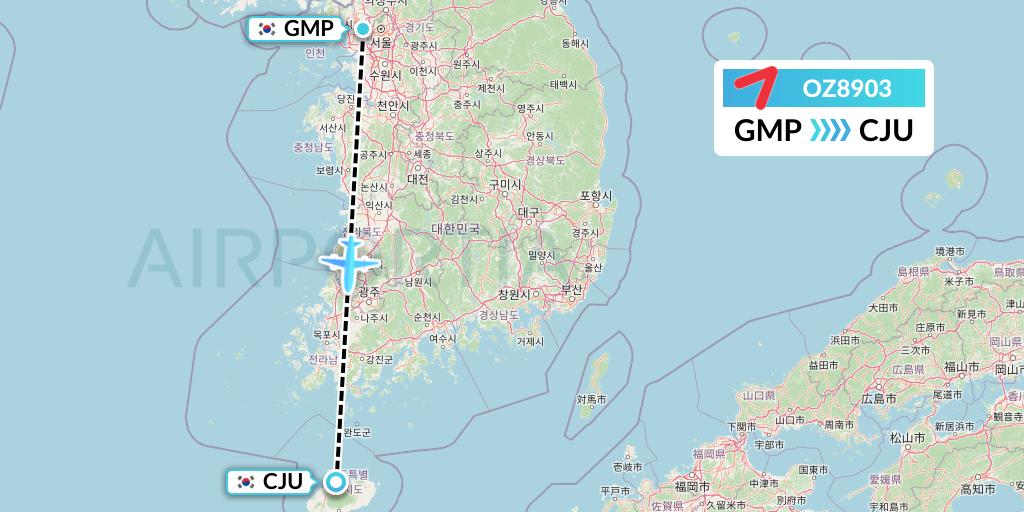 OZ8903 Asiana Airlines Flight Map: Seoul to Jeju