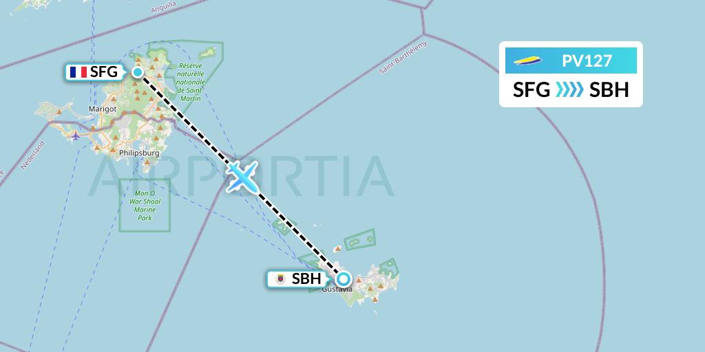 PV127 St. Barth Commuter Flight Map: Sint Maarten to St. Jean