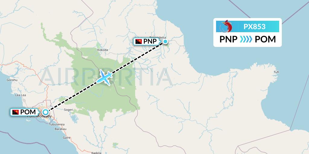 PX853 Air Niugini Flight Map: Popondetta to Port Moresby
