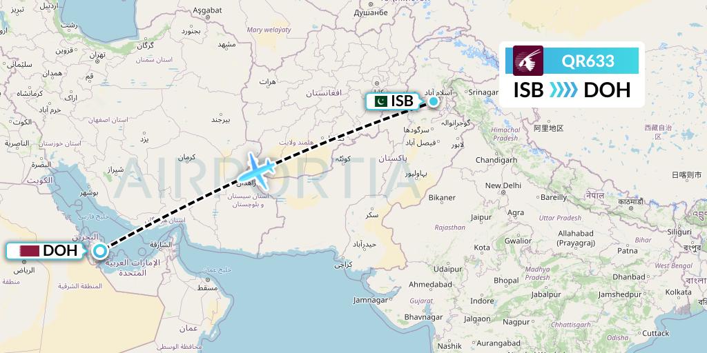 QR633 Qatar Airways Flight Map: Islamabad to Doha