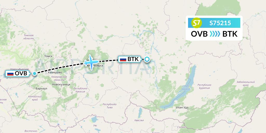 S75215 S7 Airlines Flight Map: Novosibirsk to Bratsk