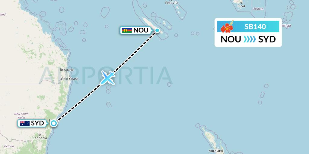SB140 Aircalin Flight Map: Noumea to Sydney