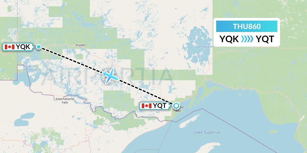 THU860 Thunder Airlines Flight Map: Kenora to Thunder Bay