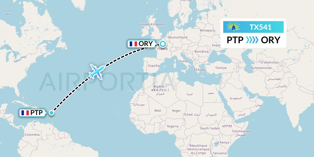 TX541 Air Caraibes Flight Map: Pointe-a-Pitre to Paris
