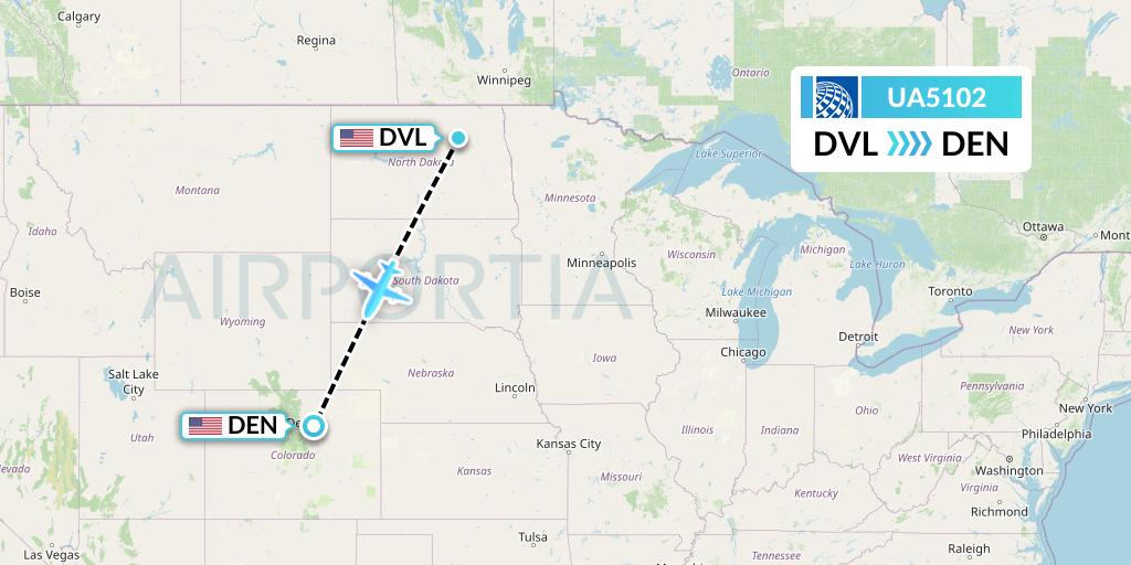 UA5102 United Airlines Flight Map: Devils Lake to Denver