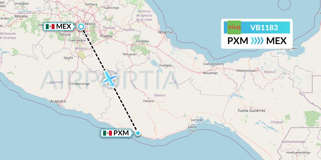 VB1183 VivaAerobus Flight Map: Puerto Escondido to Mexico City