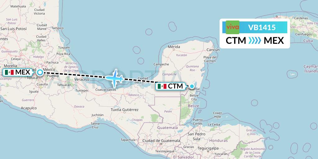 VB1415 VivaAerobus Flight Map: Chetumal to Mexico City