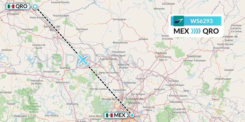 WS6293 WestJet Flight Map: Mexico City to Queretaro