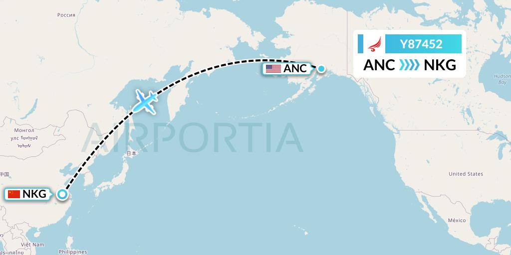 Y87452 Yangtze River Express Flight Map: Anchorage to Nanjing