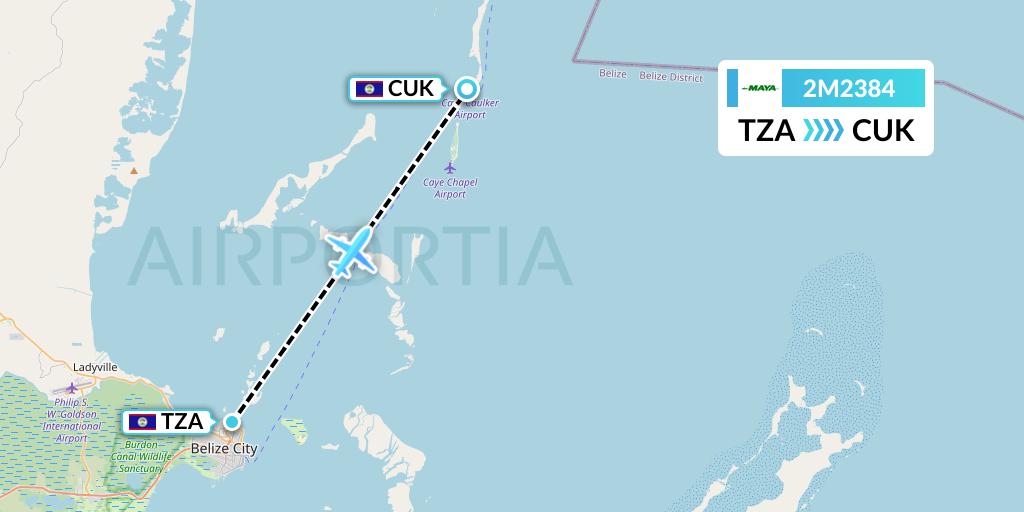 2M2384 Maya Island Air Flight Map: Belize City to Caye Caulker