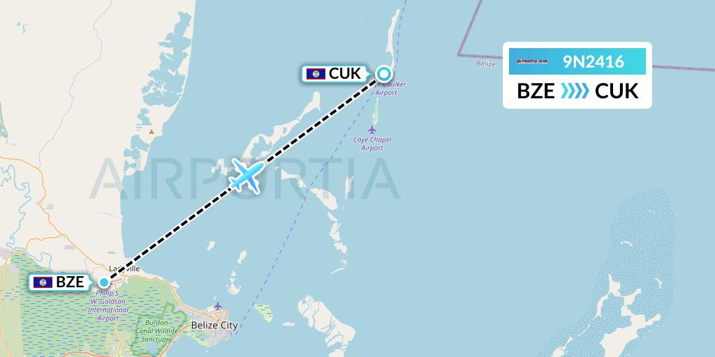 9N2416 Tropic Air Flight Map: Belize City to Caye Caulker