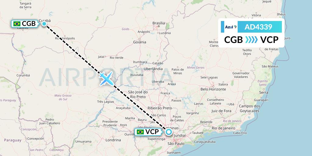 AD4339 Azul Brazilian Airlines Flight Map: Cuiaba to Campinas