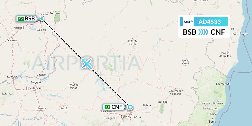 AD4533 Azul Brazilian Airlines Flight Map: Brasilia to Belo Horizonte