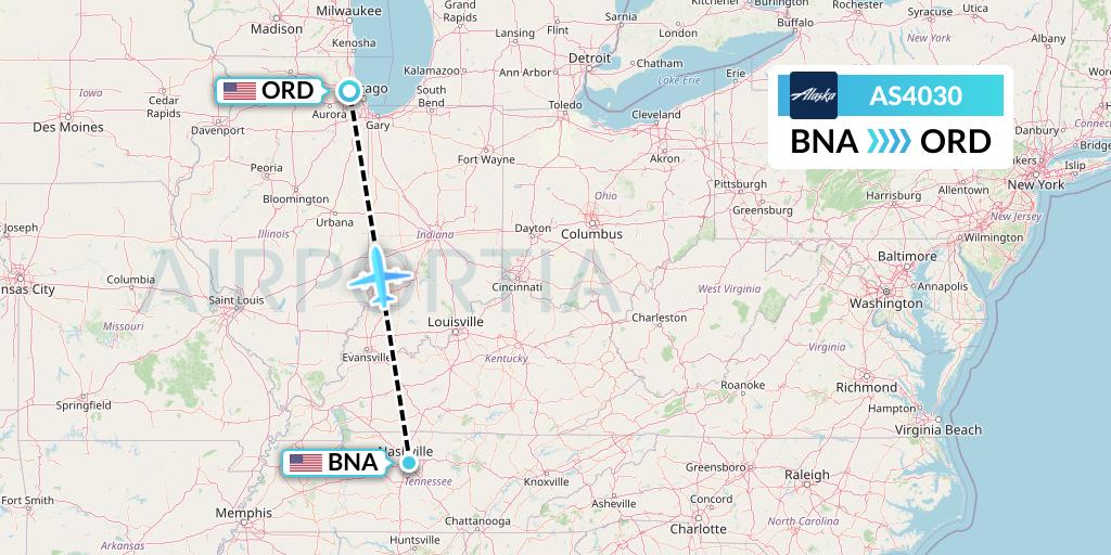 AS4030 Alaska Airlines Flight Map: Nashville to Chicago