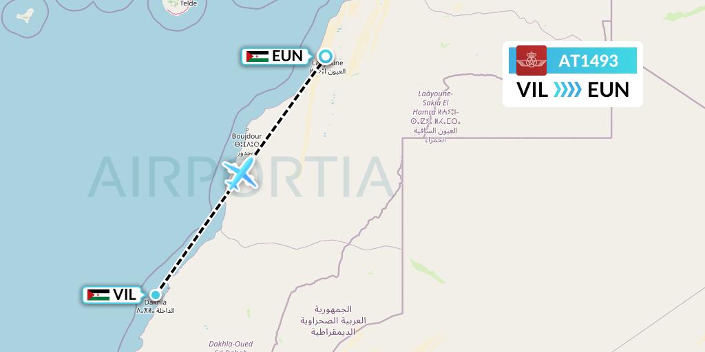 AT1493 Royal Air Maroc Flight Map: Dakhla to El Aaiun