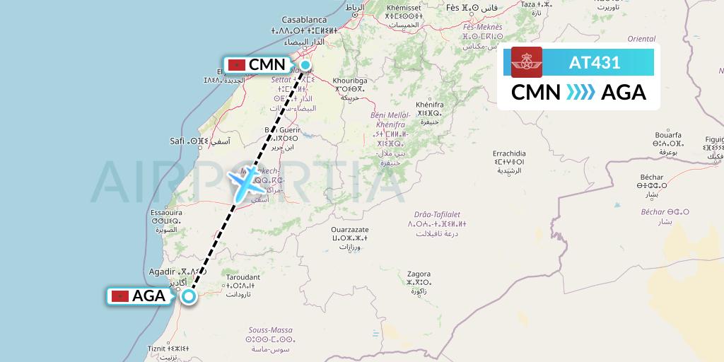AT431 Royal Air Maroc Flight Map: Casablanca to Agadir